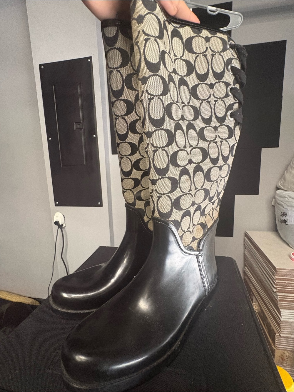 Coach Tall Rain Boots in Black and Beige Signature Print